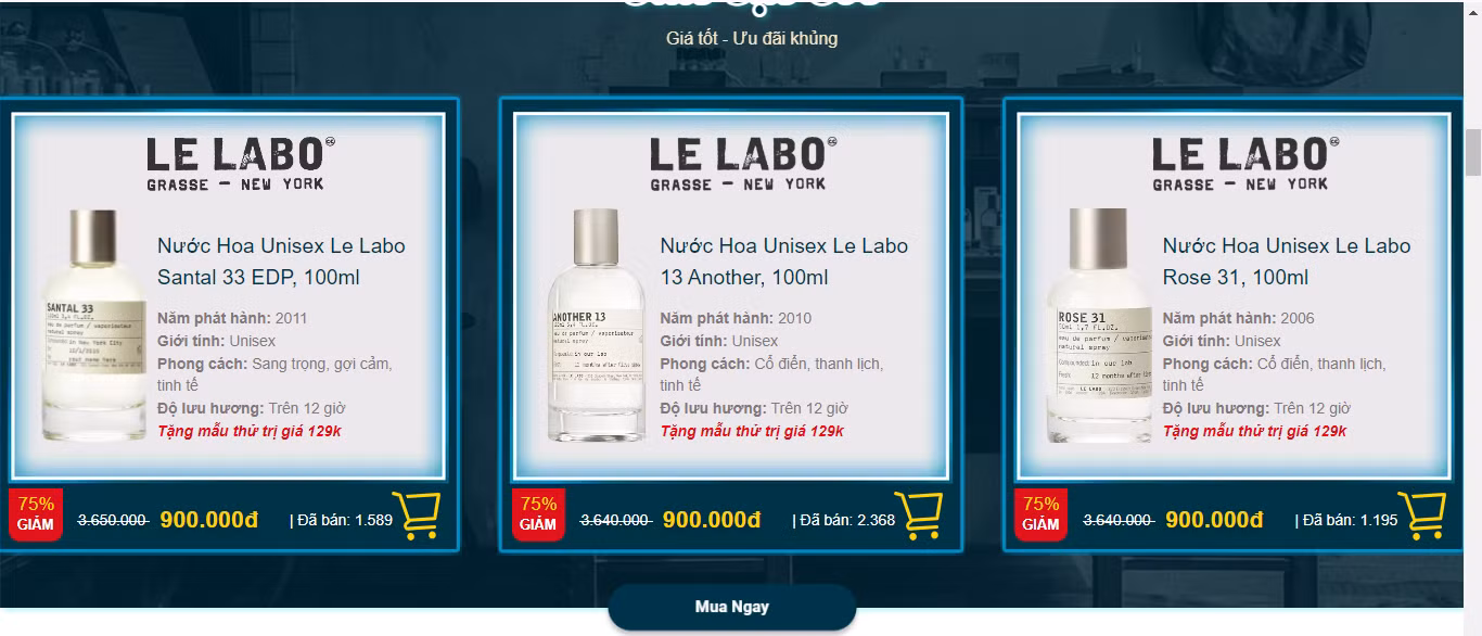 Giao diện website giả bán nước hoa Le Labo giá chỉ 900 ngàn đồng.