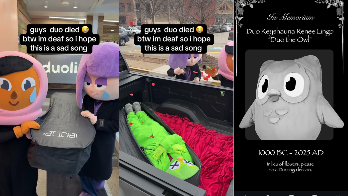 Zari và Lily đặt quan tài của Duo vào phía sau xe bán tải. Ảnh: Instagram Duolingo