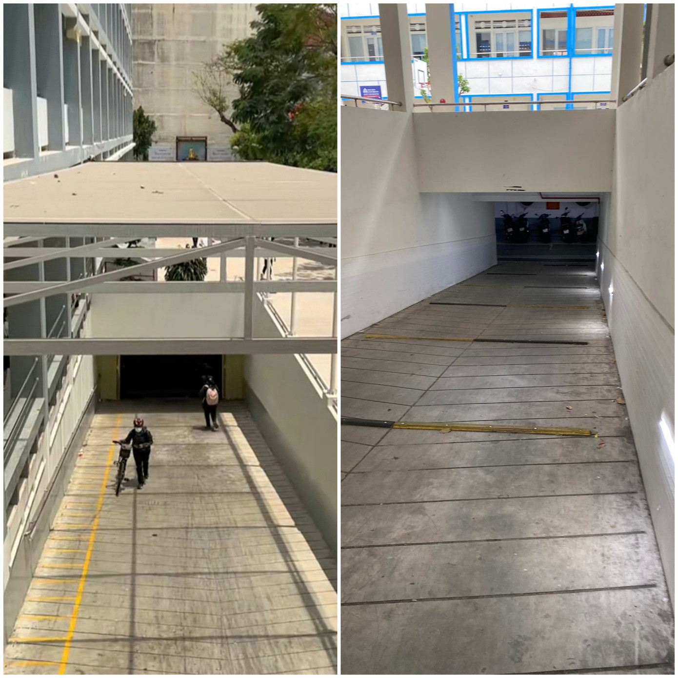 Hai dốc dẫn vào hầm xe trường THPT Bùi Thị Xuân có độ dốc cao.