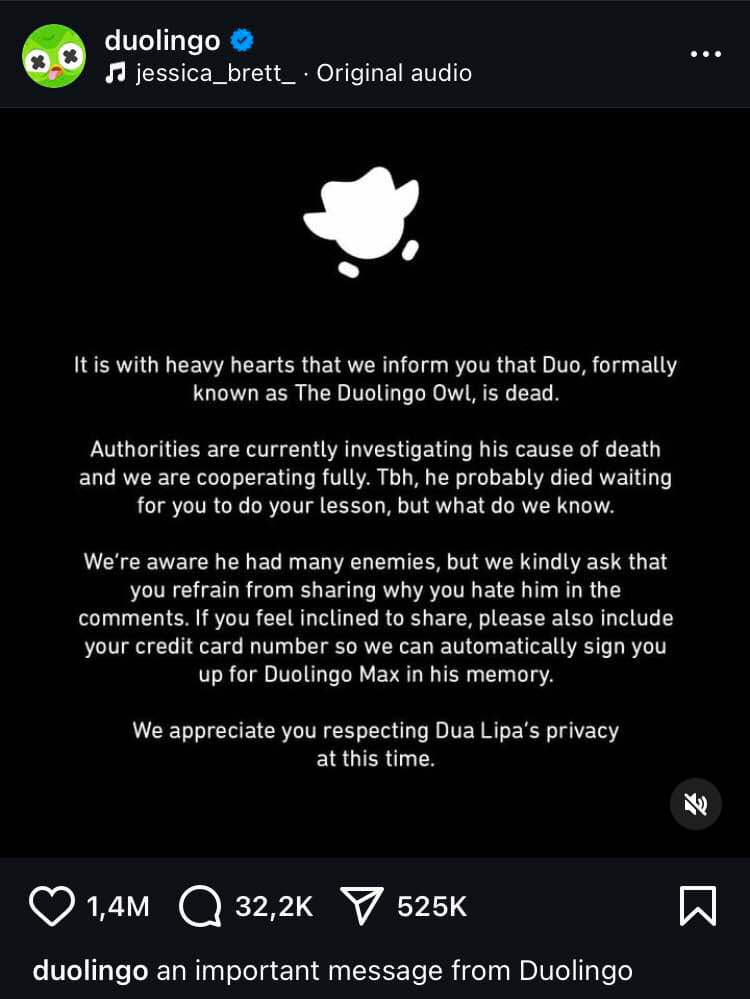 Duolingo đã ra đi, để lại một thế giới không ai nhắc chúng ta học ngoại ngữ nữa… Ảnh: Instagram Duolingo.