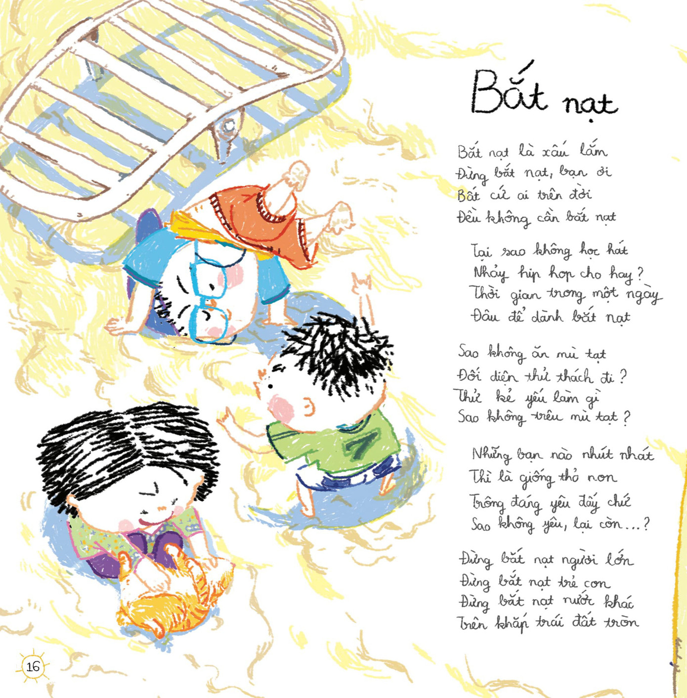 Bài thơ Bắt nạt trong cuốn sách Ra Vườn Nhặt Nắng của tác giả Nguyễn Thế Hoàng Linh. Ảnh: Ra Vườn Nhặt Nắng