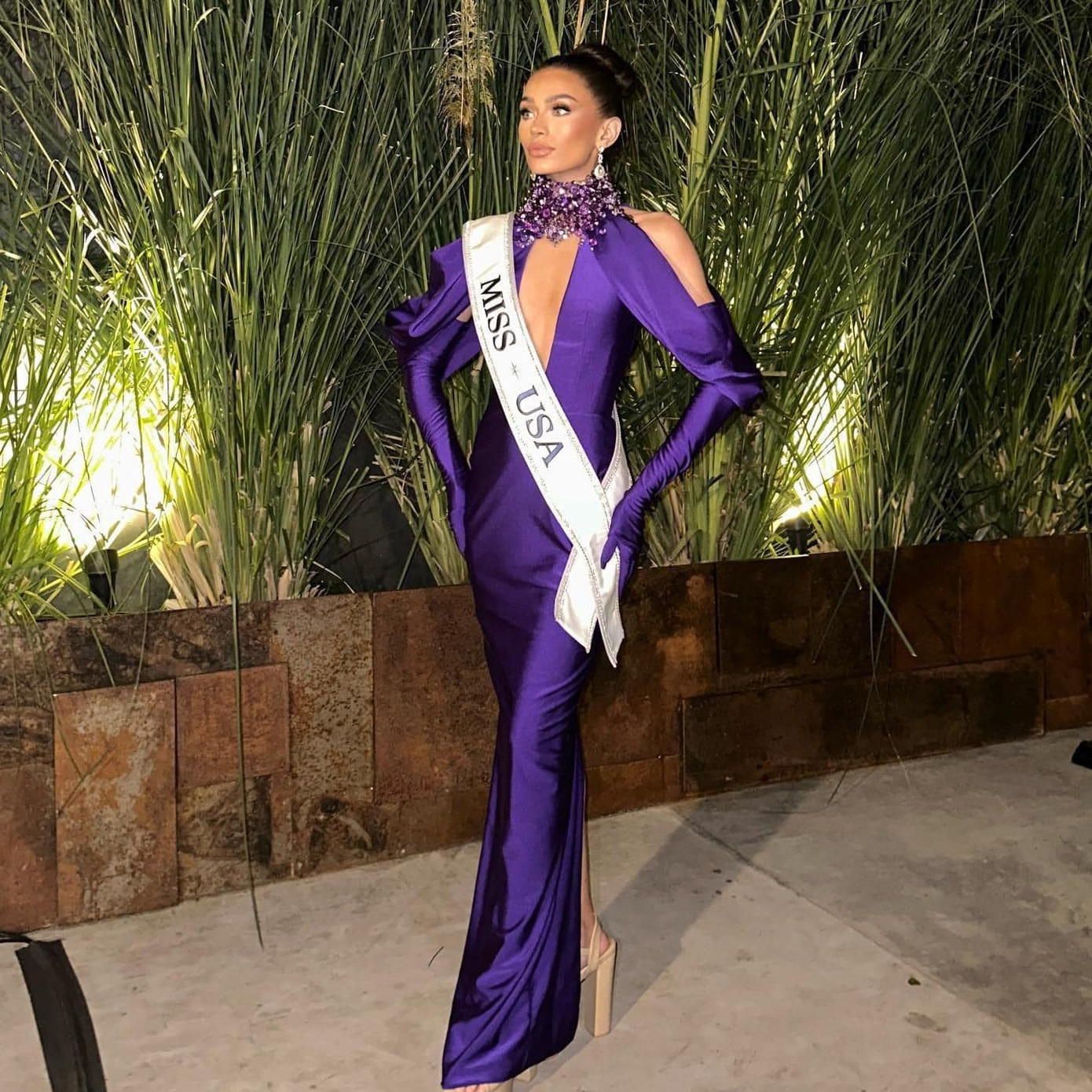 Người đẹp Mỹ Noelia Voigt diện váy tím khoét ngực quyến rũ. Cô là người Mỹ gốc Venezuela.