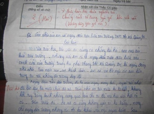 Bài văn miêu tả cảm nhận về ngày đầu tiên đến trường gây xôn xao dân mạng Bài viết: http://news.zing.vn/Bai-van-ta-ngay-dau-den-truong-doc-la-nhan-2-diem-post358578.html#home_featured.tinnong Nguồn Zing News 