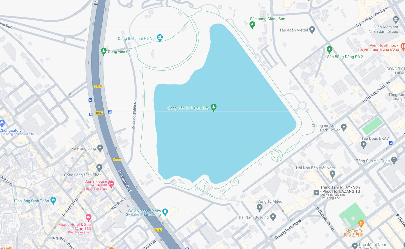 Dự án xây dựng công viên và hồ điều hòa tại ô đất ký hiệu CV1 (quận Cầu Giấy và quận Nam Từ Liêm) là dự án đầu tư theo hình thức hợp đồng BT với tổng mức đầu tư 744 tỉ đồng. Dự án khởi công từ quý II/2016 và dự kiến hoàn thành vào tháng 6/2023. Ảnh: Google maps