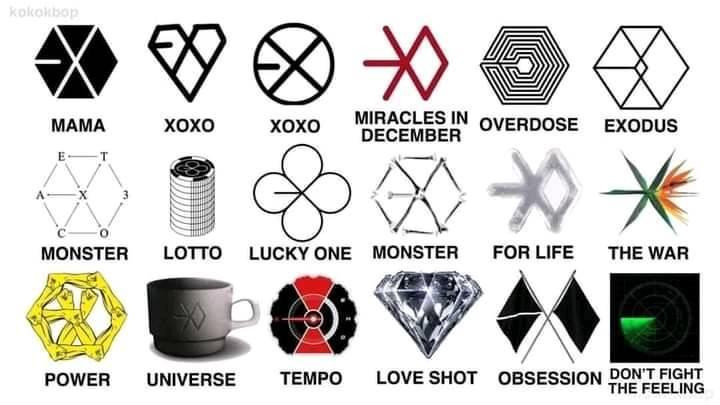 Logo EXO qua từng đợt comeback khiến fan không hề thất vọng bởi độ sáng tạo và độc đáo - Ảnh: kokokbop