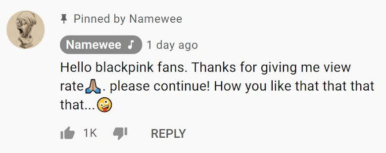 “Xin chào những người hâm mộ BLACKPINK. Cảm ơn vì đã tăng lượt xem cho video của tôi nhé. Hãy tiếp tục nào. How you like that that that that…” - Namewee bình luận dưới MV của mình.