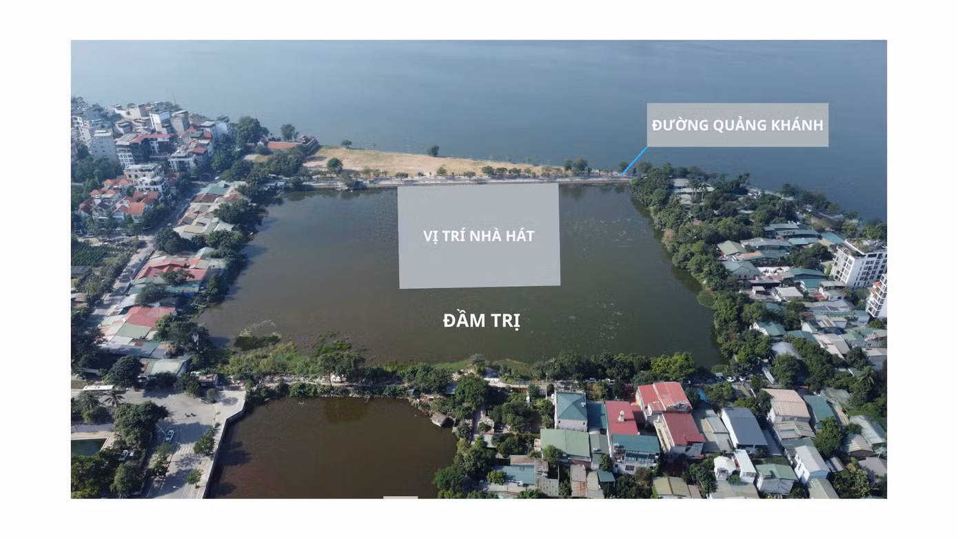 Nhà hát Opera dự kiến được đặt tại mặt hồ Đầm trị, giáp đường Quảng Khánh ngay sát mặt hồ Tây