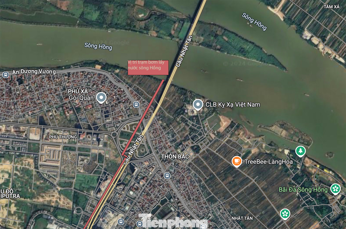 Vị trí đường ống dự kiến xây dựng để lấy nước sông Hồng. Ảnh Google Map.