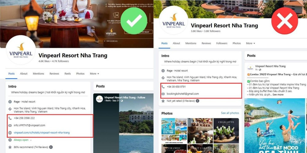Vinpearl Resort Nha Trang đăng nhận diện cảnh báo trang mạng xã hội giả mạo (bên phải).
