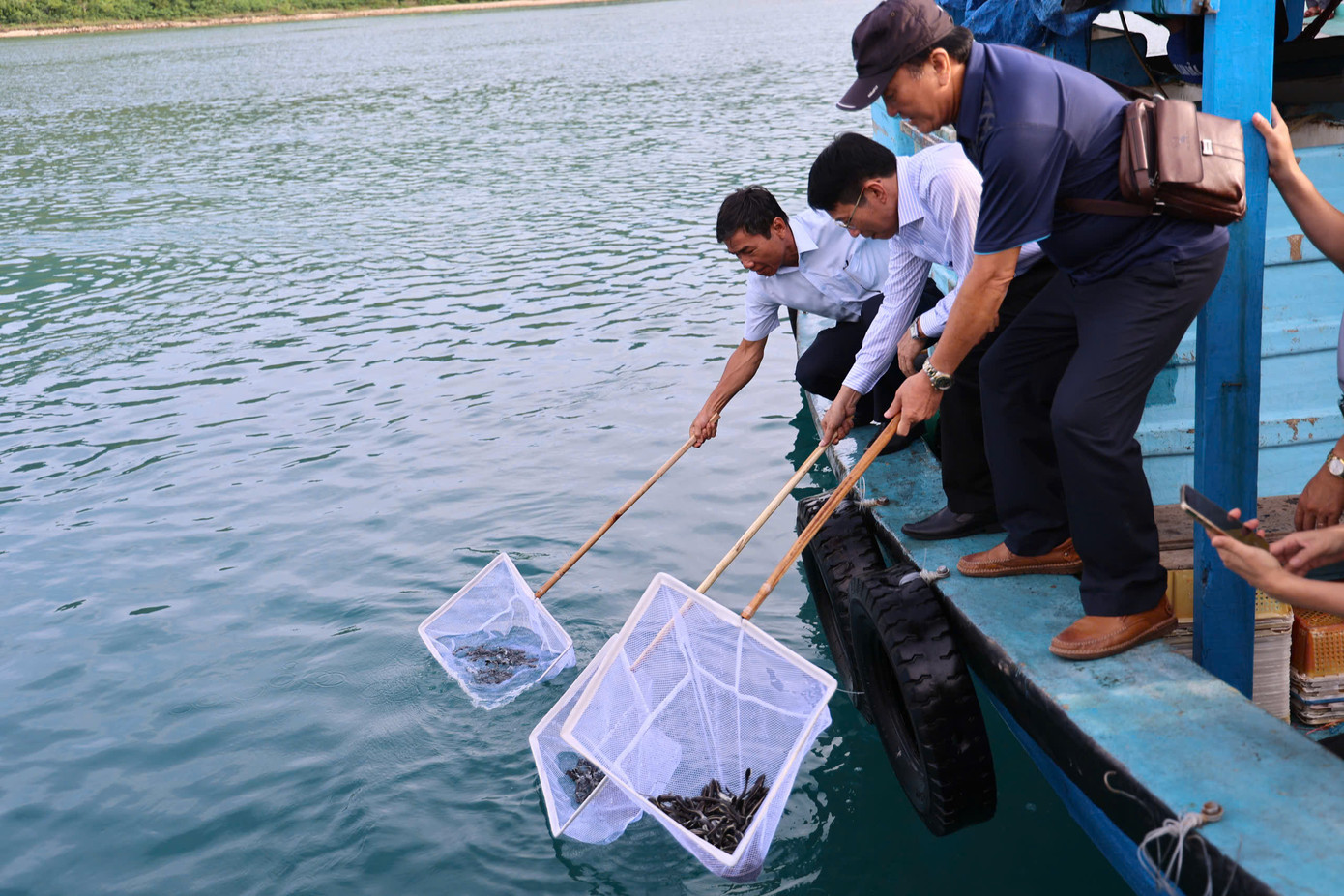 Hơn 4.000 con giống thủy sản các loại như: cá chim, cá chẽm, cá bớp, cá dìa, tôm sú...được thả xuống biển nhằm tái tạo nguồn lợi thủy sản.