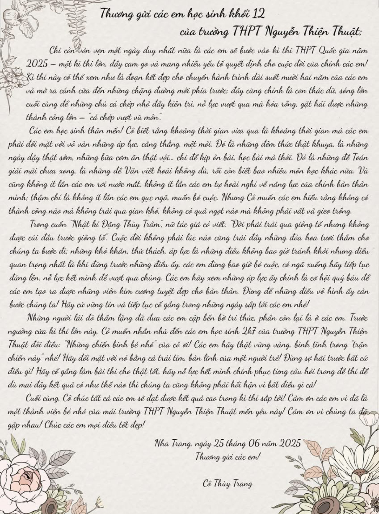 Nguyễn văn bức thư cô Đào Thị Thuỳ Trang gửi các sĩ tử tham gia Kỳ thi tốt nghiệp THPT năm 2025. Nguyễn văn bức thư cô Đào Thị Thuỳ Trang gửi các sĩ tử tham gia Kỳ thi tốt nghiệp THPT năm 2025.