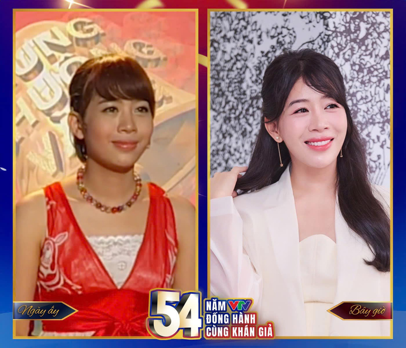 MC Diệp Chi chia sẻ ảnh lúc 20 tuổi và hiện tại ở tuổi 38. Cô cho biết mình từng căng thẳng tới mức chảy máu cam khi lần đầu đứng trước máy quay và hàng trăm khán giả. “Lúc đang dẫn chỉ thấy mát mát ở mũi, cho tới khi đồng nghiệp hốt hoảng: ‘Chi ơi, chảy máu kìa’. Thảng thốt nhìn xuống thì tờ kịch bản câu hỏi đã loang mấy vệt đỏ tươi. Bao nhiêu kỷ niệm đáng yêu như vậy sẽ theo tôi cho tới hết cuộc đời. Hơn nửa thế kỷ VTV đồng hành cùng hàng triệu khán giả và tôi may mắn được đóng góp trong đó. Hãnh diện và tự hào lắm”, cô bày tỏ. MC Diệp Chi chia sẻ ảnh lúc 20 tuổi và hiện tại ở tuổi 38. Cô cho biết mình từng căng thẳng tới mức chảy máu cam khi lần đầu đứng trước máy quay và hàng trăm khán giả. “Lúc đang dẫn chỉ thấy mát mát ở mũi, cho tới khi đồng nghiệp hốt hoảng: ‘Chi ơi, chảy máu kìa’. Thảng thốt nhìn xuống thì tờ kịch bản câu hỏi đã loang mấy vệt đỏ tươi. Bao nhiêu kỷ niệm đáng yêu như vậy sẽ theo tôi cho tới hết cuộc đời. Hơn nửa thế kỷ VTV đồng hành cùng hàng triệu khán giả và tôi may mắn được đóng góp trong đó. Hãnh diện và tự hào lắm”, cô bày tỏ.