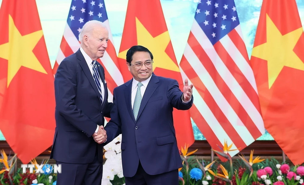 Sáng 11/9/2023, tại Hà Nội, Thủ tướng Phạm Minh Chính hội kiến Tổng thống Hoa Kỳ Joe Biden nhân chuyến thăm cấp Nhà nước tới Việt Nam. (Ảnh: Dương Giang/TTXVN)