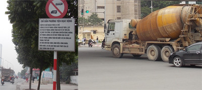 Xe trộn bê tông vào phố cấm và vượt qua chốt CSGT tại Lê Văn Lương - Khuất Duy Tiến (ảnh lớn). ẢNH: ANH tRỌNG