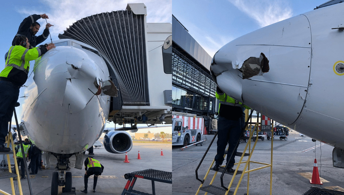 Máy bay Boeing 737 của Hãng Aeromexico sau vụ va chạm với drone - Ảnh chụp màn hình. Máy bay Boeing 737 của Hãng Aeromexico sau vụ va chạm với drone - Ảnh chụp màn hình.