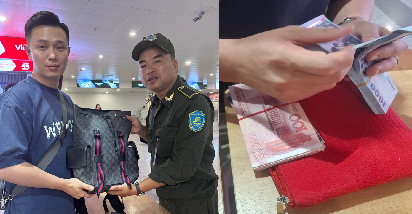 Vị hành khách Trung Quốc được anh Kiều Huy Hùng - nhân viên an ninh cơ động Cảng HKQT Nội Bài - giúp đỡ tìm lại 365 triệu đồng bỏ quên trên taxi sân bay. Ảnh: NIA.
