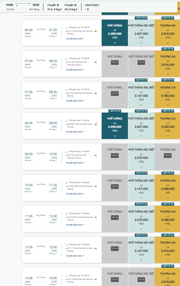 Trong giai đoạn đầu tháng 6 - thời gian đầu của kỳ nghỉ hè, các hãng bay ghi nhận tình trạng "cháy vé" ở một khung giờ bay ban ngày. Ảnh: Chụp màn hình. Trong giai đoạn đầu tháng 6 - thời gian đầu của kỳ nghỉ hè, các hãng bay ghi nhận tình trạng "cháy vé" ở một khung giờ bay ban ngày. Ảnh: Chụp màn hình.