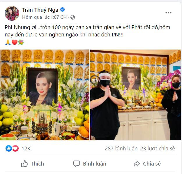 Thúy Nga tưởng nhớ 100 ngày mất của cố nghệ sĩ Phi Nhung. "Phi Nhung ơi ... tròn 100 ngày bạn xa trần gian về với Phật rồi. Hôm nay đến dự lễ vẫn nghẹn ngào." Thúy Nga tưởng nhớ 100 ngày mất của cố nghệ sĩ Phi Nhung. "Phi Nhung ơi ... tròn 100 ngày bạn xa trần gian về với Phật rồi. Hôm nay đến dự lễ vẫn nghẹn ngào."