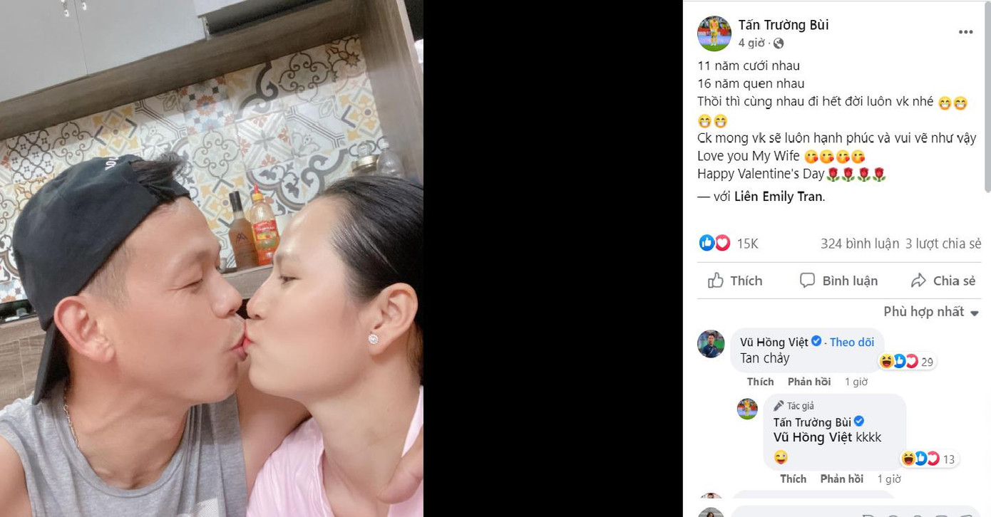 Cầu thủ Tấn Trường tặng vợ nụ hôn ngọt lịm nhân ngày Valentine.