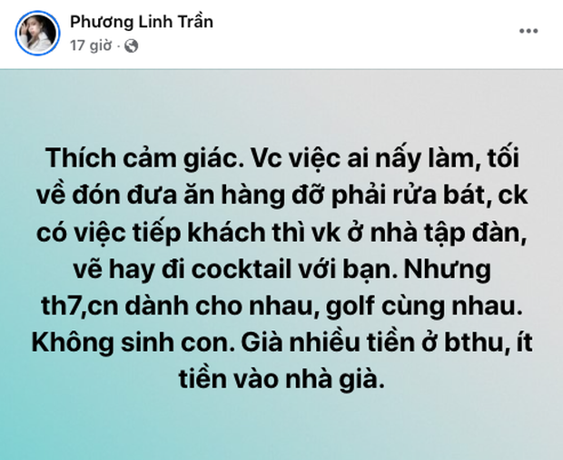 Quan điểm của Phương Linh về chuyện tình cảm: &quot;...Thứ 7, chủ nhật dành cho nhau, golf cùng nhau. Không sinh con...&quot; nhận nhiều tranh cãi.