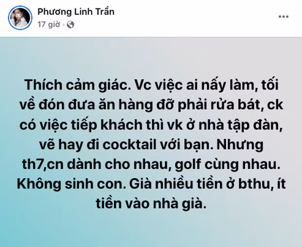 Quan điểm của Phương Linh về chuyện tình cảm: "...Thứ 7, chủ nhật dành cho nhau, golf cùng nhau. Không sinh con..." nhận nhiều tranh cãi.