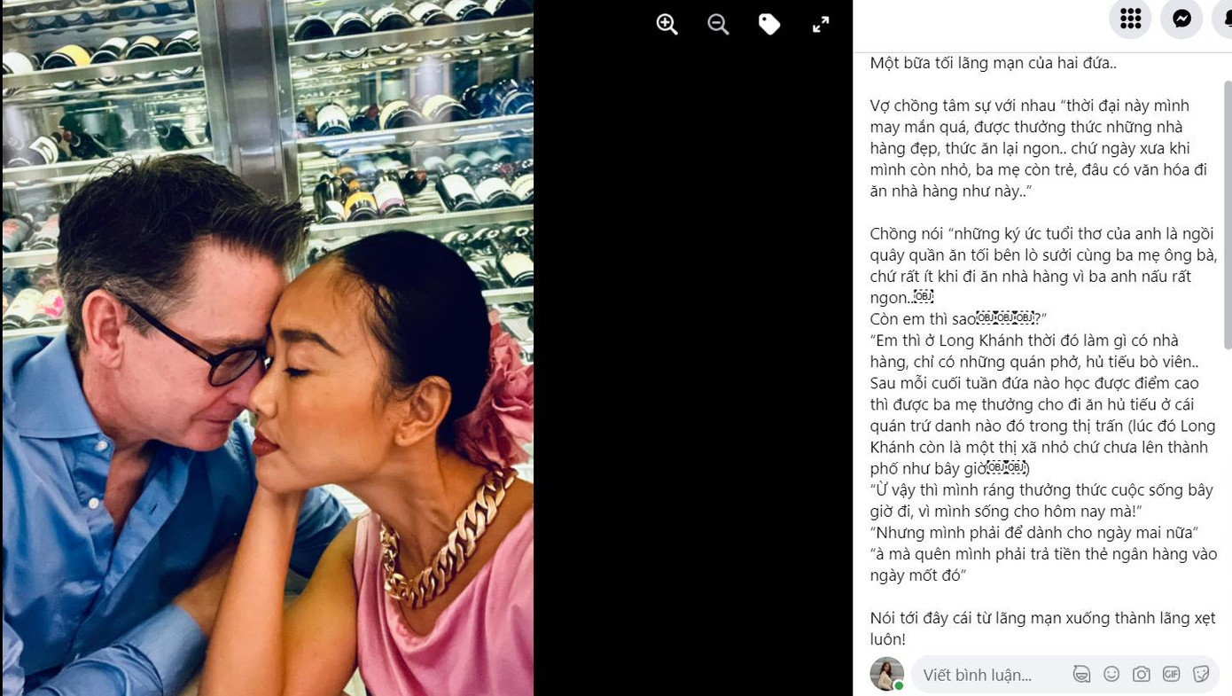 Đoan Trang chia sẻ tối lãng mạn riêng tư của hai vợ chồng cùng những dòng tâm sự: "Vợ chồng tâm sự với nhau “Thời đại này mình may mắn quá, được thưởng thức những nhà hàng đẹp, thức ăn lại ngon, chứ ngày xưa khi mình còn nhỏ, ba mẹ còn trẻ, đâu có văn hóa đi ăn nhà hàng như này..” Chồng nói “những ký ức tuổi thơ của anh là ngồi quây quần ăn tối bên lò sưởi cùng ba mẹ ông bà, chứ rất ít khi đi ăn nhà hàng vì ba anh nấu rất ngon.."