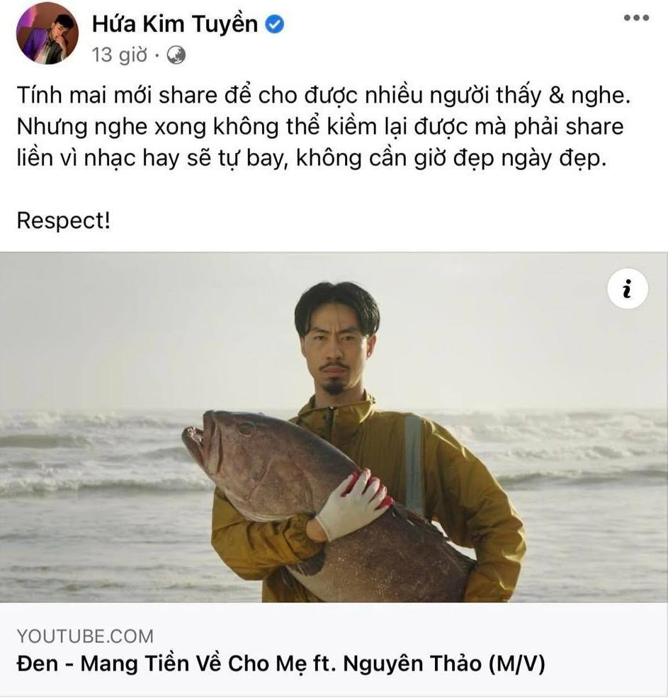 Hứa Kim Tuyền chia sẻ ca khúc Đen Vâu, bình luận: "Nhạc hay sẽ tự bay, không cần giờ đẹp." Hứa Kim Tuyền chia sẻ ca khúc Đen Vâu, bình luận: "Nhạc hay sẽ tự bay, không cần giờ đẹp."