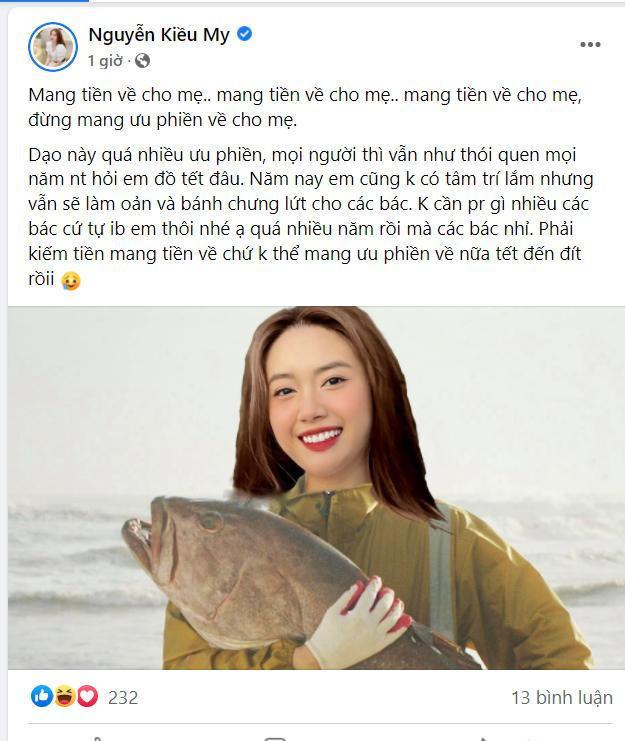 Diễn viên Kiều My bắt trend "Đem tiền về cho mẹ" của ca sĩ Đen Vâu. Diễn viên Kiều My bắt trend "Đem tiền về cho mẹ" của ca sĩ Đen Vâu.