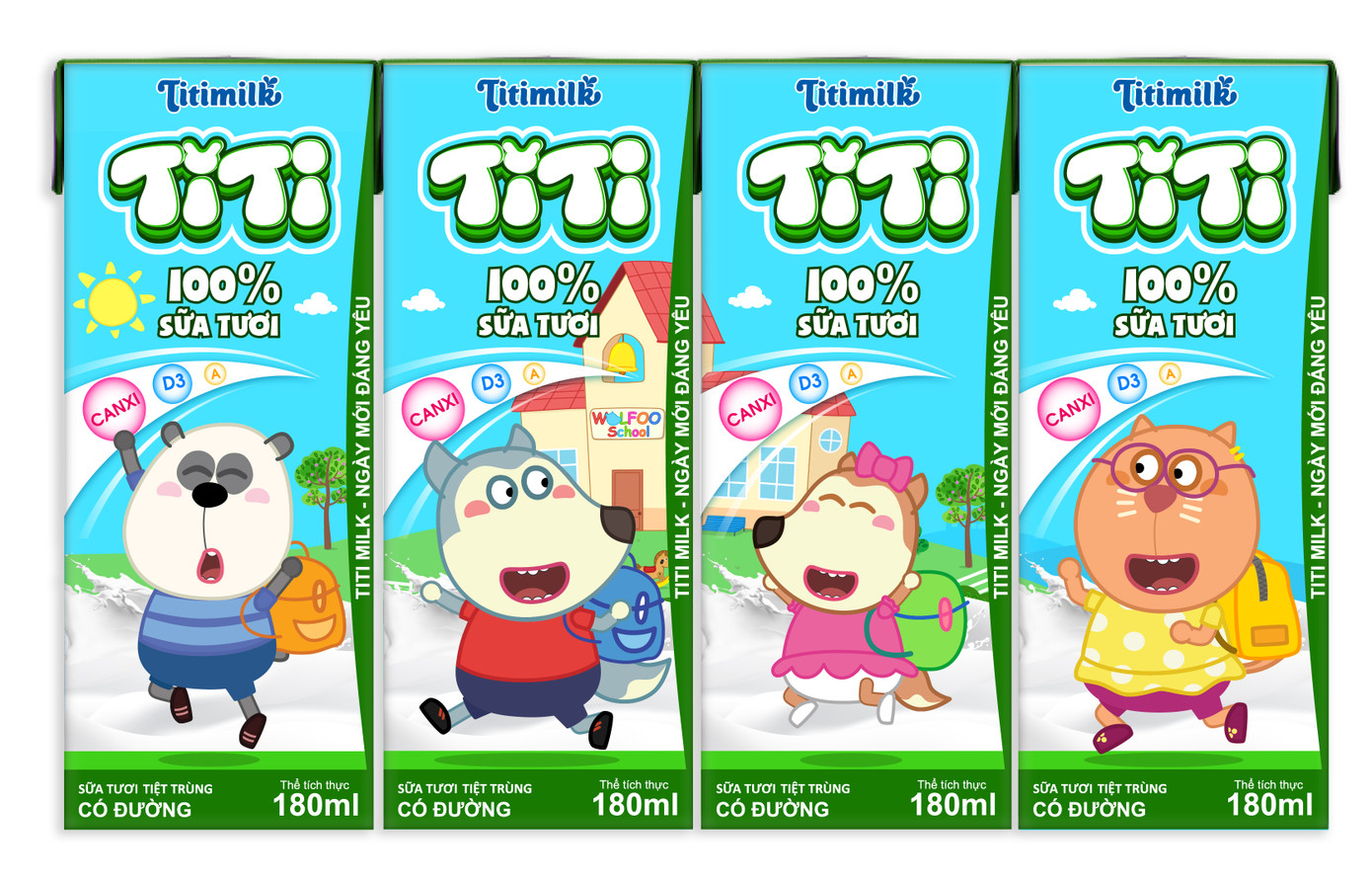 Hình ảnh sói Wolfoo và các nhân vật hoạt hình nổi tiếng được đưa lên bao bì nhãn sữa.