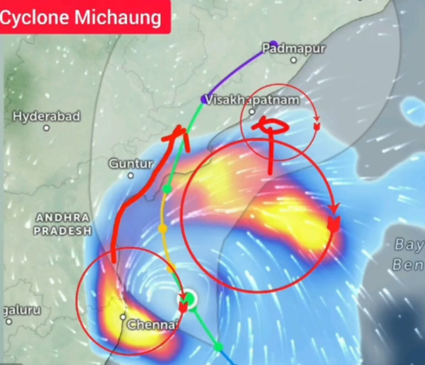 Bão Michaung được cho là đã "tách đôi" vào sáng nay, 4/12. Ảnh: Center Core News. Bão Michaung được cho là đã "tách đôi" vào sáng nay, 4/12. Ảnh: Center Core News.