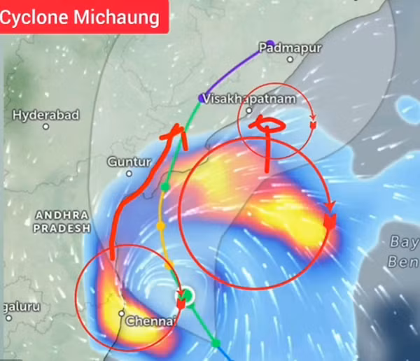 Bão Michaung được cho là đã "tách đôi" vào sáng nay, 4/12. Ảnh: Center Core News.