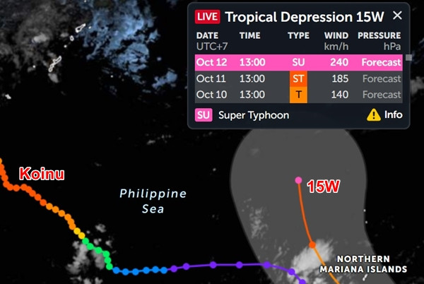 Áp thấp nhiệt đới 15W được dự báo sẽ đạt cấp siêu bão ngay vào thứ Năm tới. Ảnh: Zoom Earth. Áp thấp nhiệt đới 15W được dự báo sẽ đạt cấp siêu bão ngay vào thứ Năm tới. Ảnh: Zoom Earth.