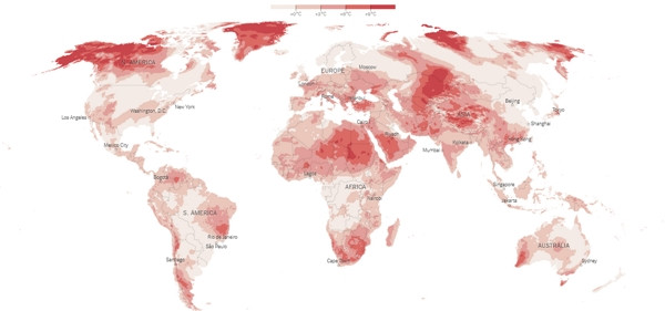 Mức chênh lệch nhiệt độ trên thế giới trong ngày thứ Bảy (25/11) với nhiệt độ trung bình cùng thời điểm trong những năm 1979 - 2000 (màu càng sẫm là chênh càng nhiều). Ảnh: NY Times. Mức chênh lệch nhiệt độ trên thế giới trong ngày thứ Bảy (25/11) với nhiệt độ trung bình cùng thời điểm trong những năm 1979 - 2000 (màu càng sẫm là chênh càng nhiều). Ảnh: NY Times.