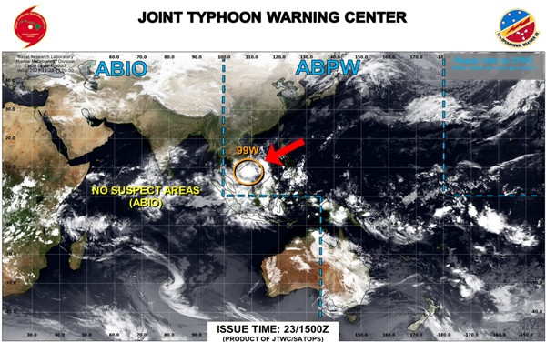 JTWC cũng đã cảnh báo khả năng 99W thành áp thấp nhiệt đới hoặc bão trong 24 giờ tới là ở mức trung bình (màu cam). Ảnh: JTWC. JTWC cũng đã cảnh báo khả năng 99W thành áp thấp nhiệt đới hoặc bão trong 24 giờ tới là ở mức trung bình (màu cam). Ảnh: JTWC.