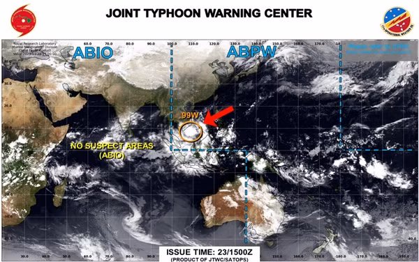 JTWC cũng đã cảnh báo khả năng 99W thành áp thấp nhiệt đới hoặc bão trong 24 giờ tới là ở mức trung bình (màu cam). Ảnh: JTWC.