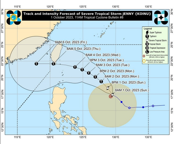 Vị trí và dự báo đường đi của bão Koinu (Jenny) trong bản tin 11h trưa nay. Ảnh: PAGASA. Vị trí và dự báo đường đi của bão Koinu (Jenny) trong bản tin 11h trưa nay. Ảnh: PAGASA.
