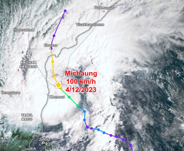 Vị trí hiện tại và đường đi của bão Michaung. Ảnh: Zoom Earth, EUMETSAT. Vị trí hiện tại và đường đi của bão Michaung. Ảnh: Zoom Earth, EUMETSAT.
