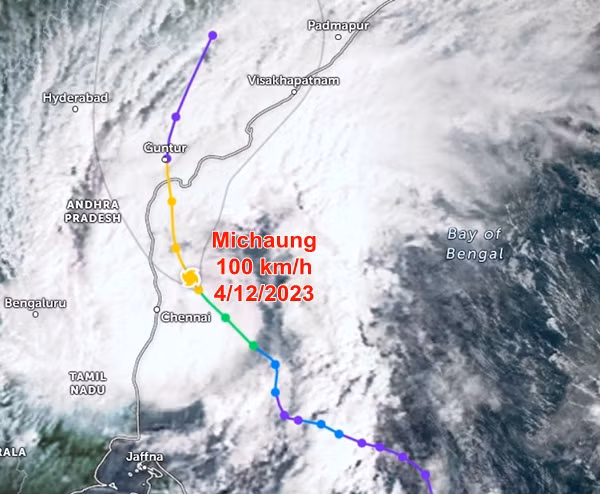 Vị trí hiện tại và đường đi của bão Michaung. Ảnh: Zoom Earth, EUMETSAT.
