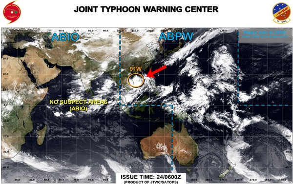 Cảnh báo của JTWC vào 13h ngày 24/9: Nhiễu động 91W màu cam, tức là khả năng phát triển trong 24 giờ tới ở mức trung bình. Ảnh: JTWC. Cảnh báo của JTWC vào 13h ngày 24/9: Nhiễu động 91W màu cam, tức là khả năng phát triển trong 24 giờ tới ở mức trung bình. Ảnh: JTWC.