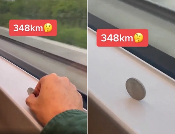 Đồng xu đứng yên trên cạnh của nó khi tàu chạy với tốc độ 348 km/h. Ảnh: Bisector**.