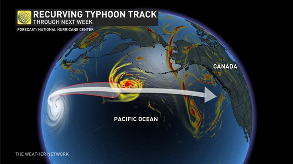 Siêu bão Bolaven được dự báo sẽ ảnh hưởng đến thời tiết ở một châu lục cách nó nửa vòng Trái Đất. Ảnh: The Weather Network. Siêu bão Bolaven được dự báo sẽ ảnh hưởng đến thời tiết ở một châu lục cách nó nửa vòng Trái Đất. Ảnh: The Weather Network.