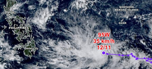 Áp thấp 95W. Ảnh: Zoom Earth, JMA, JTWC. Áp thấp 95W. Ảnh: Zoom Earth, JMA, JTWC.