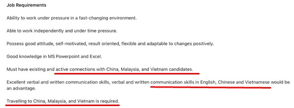 Công việc sắp xếp lịch cho nghệ sĩ có kèm yêu cầu kết nối với các ứng viên ở Trung Quốc, Malaysia và Việt Nam, không biết để tuyển người tiếp hay để làm gì. Ảnh: LinkedIn/ MS News.