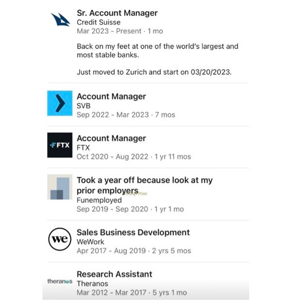 Hồ sơ công việc của một người được đăng trên LinkedIn. Ảnh: Twitter. Hồ sơ công việc của một người được đăng trên LinkedIn. Ảnh: Twitter.