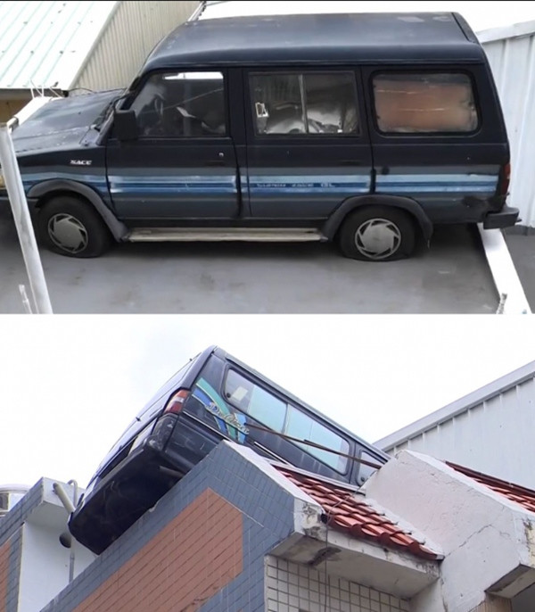 Một chiếc xe được đỗ gọn gàng nhưng chiếc thứ hai trông khá chênh vênh. Ảnh: EBC News.