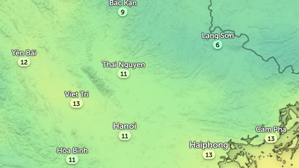 Dự báo nhiệt độ ở Hà Nội và một số tỉnh thành miền Bắc lúc 8h sáng 17/12. Ảnh: Zoom Earth, OpenStreetMap. Dự báo nhiệt độ ở Hà Nội và một số tỉnh thành miền Bắc lúc 8h sáng 17/12. Ảnh: Zoom Earth, OpenStreetMap.
