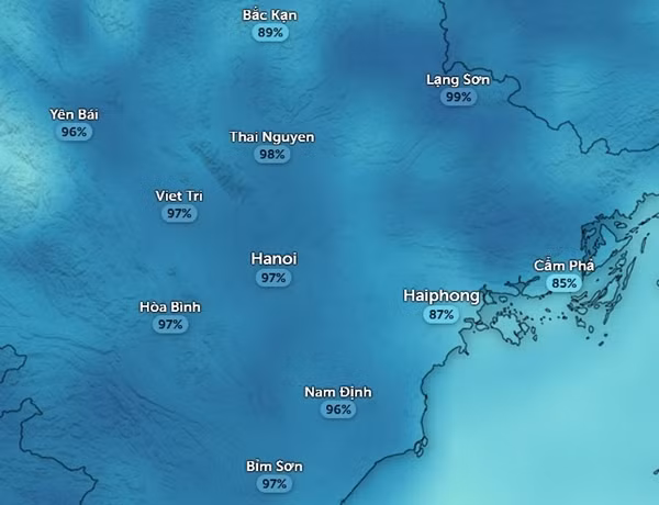 Độ ẩm ở Hà Nội rất cao vào sáng 29/11. Ảnh: Zoom Earth, OpenStreetMap.