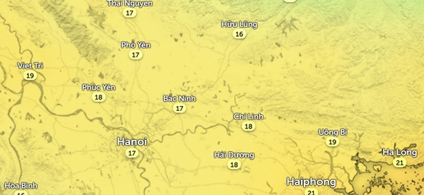 Dự báo nhiệt độ thực ngoài trời vào trưa ngày 13/11. Ảnh: Zoom Earth, OpenStreetMap. Dự báo nhiệt độ thực ngoài trời vào trưa ngày 13/11. Ảnh: Zoom Earth, OpenStreetMap.