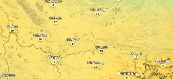 Dự báo nhiệt độ thực ngoài trời vào trưa ngày 13/11. Ảnh: Zoom Earth, OpenStreetMap.