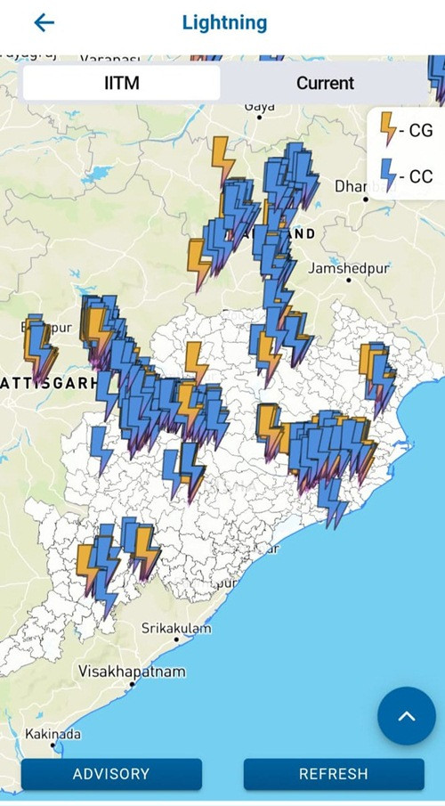 Bản đồ sét đánh ở bang Odisha (Ấn Độ) vào ngày 3/9, hôm đó ghi nhận 5.300 tia sét. Ảnh: OSDMA Odisha. Bản đồ sét đánh ở bang Odisha (Ấn Độ) vào ngày 3/9, hôm đó ghi nhận 5.300 tia sét. Ảnh: OSDMA Odisha.